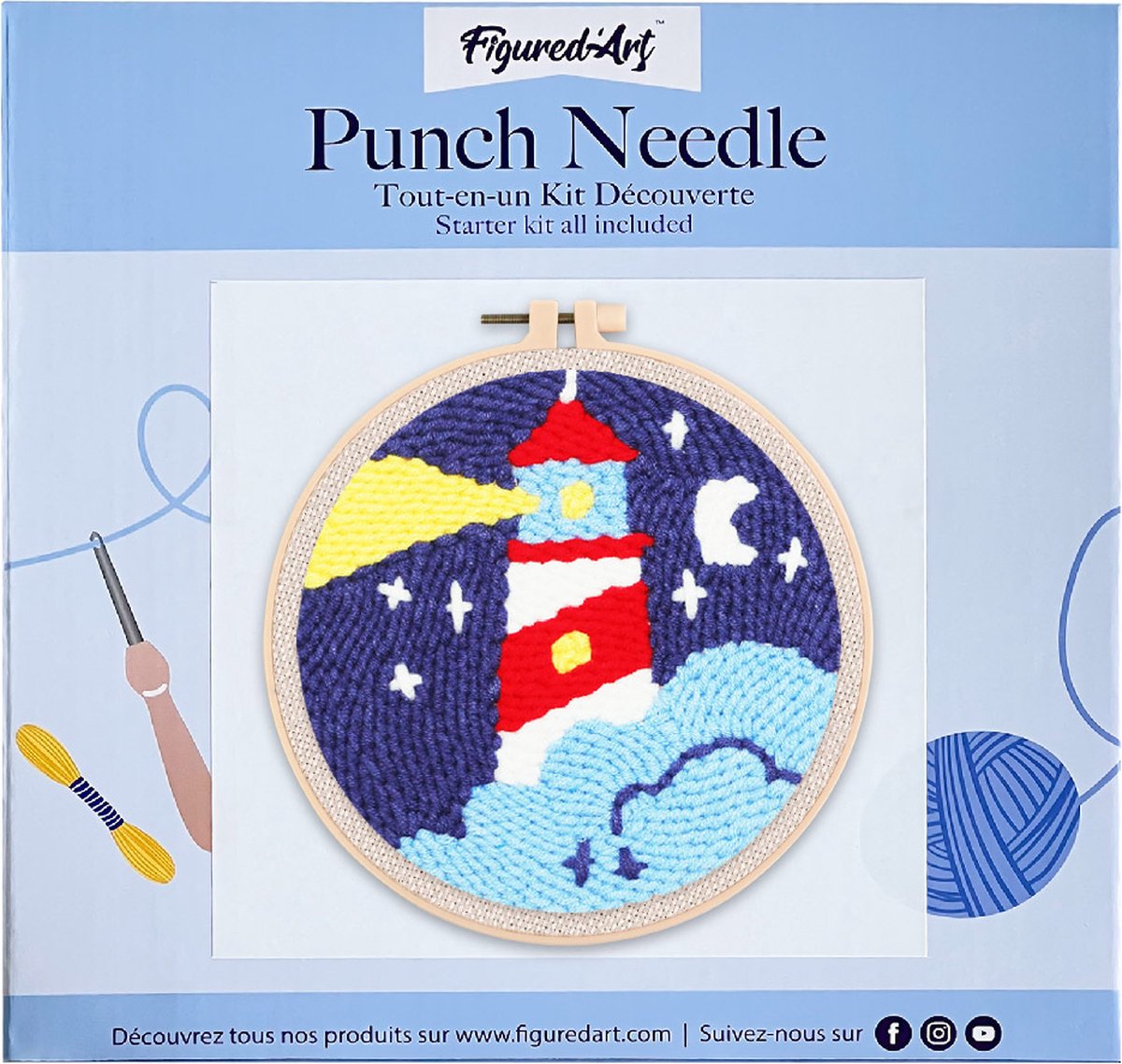 FiguredArt Punch Needle Kit voor Volwassenen en Kinderen - Vuurtoren en Sterrennacht - Perfect voor Beginners. Compleet klaar-om-te-borduren set, maat 20x20 cm met ronde frame
